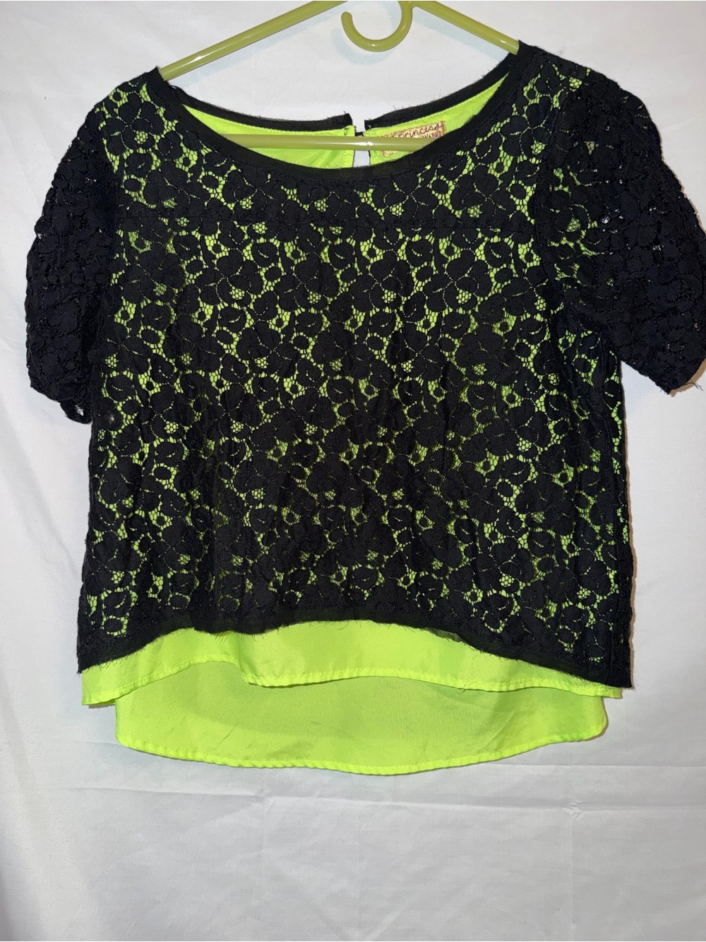 princess vera wang Black Lace Overlay Neon Green Layered Blouse